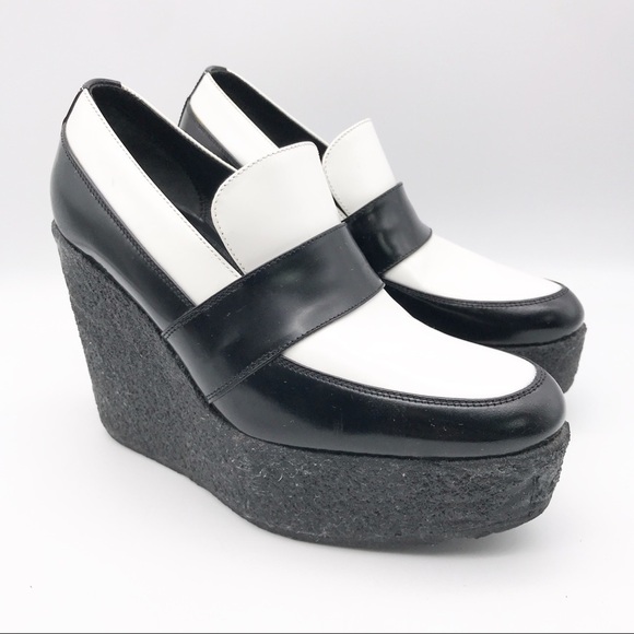Celine Leather Color Block Black/White Platform Wedge Size 37/US 7 - Picture 1 of 10